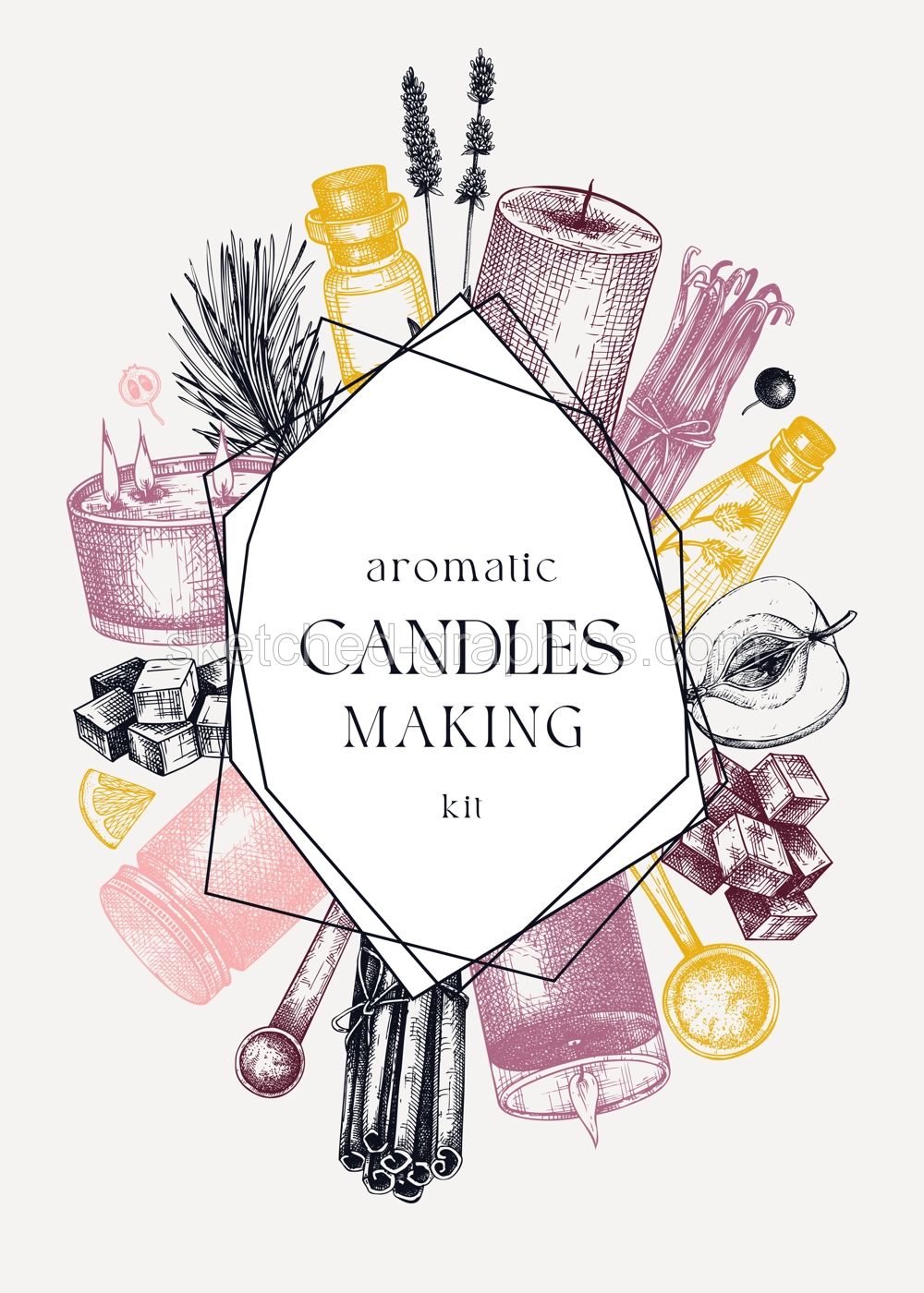 Scented candles card or flyer design. Hand-sketched aromatic materials and natural ingredients for candle making, cosmetics, perfumery. Great template for branding, packaging, identity, web banners.  Illustration